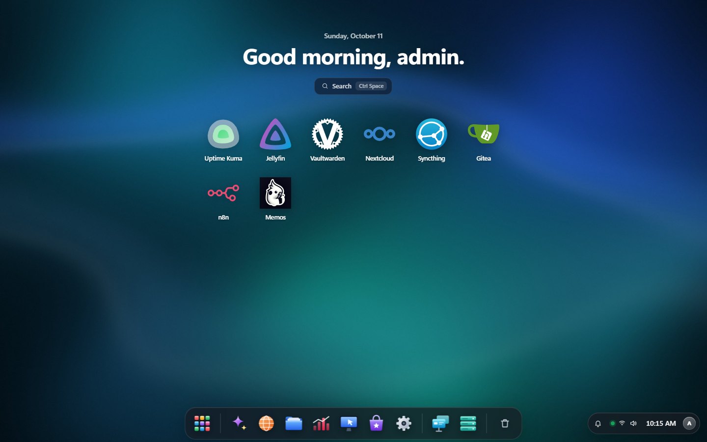 The NoCapOS home screen: greeting, search and installed apps over the Tide wallpaper